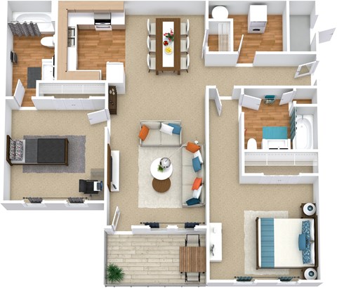 A top-down view of a house layout with a kitchen, living room, dining area, and bedrooms.